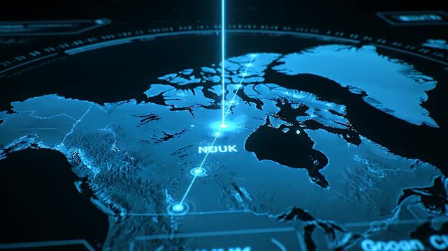 A futuristic 4K animation of a 3D holographic map of the Arctic Circle. A digital line with pulsing data points connects Washington D.C. to Nuuk, Greenland, symbolizing a high-tech connection.