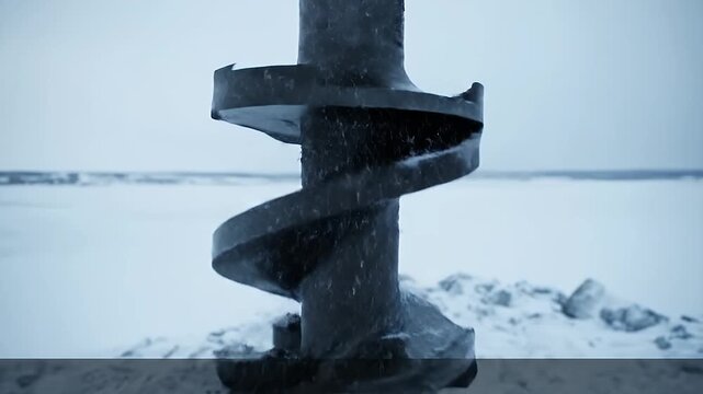 A high-tech, 4K slow-motion video orbits an oil drill bit as it spins against a stark, snowy landscape, representing energy exploration in the Arctic.
