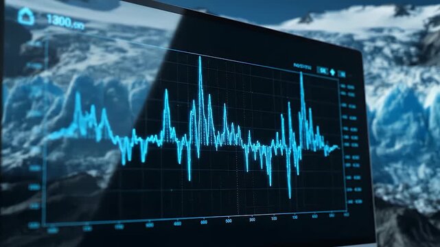 A 4K close-up of a digital seismic graph showing underground activity. In the blurred background, a massive glacier is visible, blending modern data visualization with Arctic environmental research.