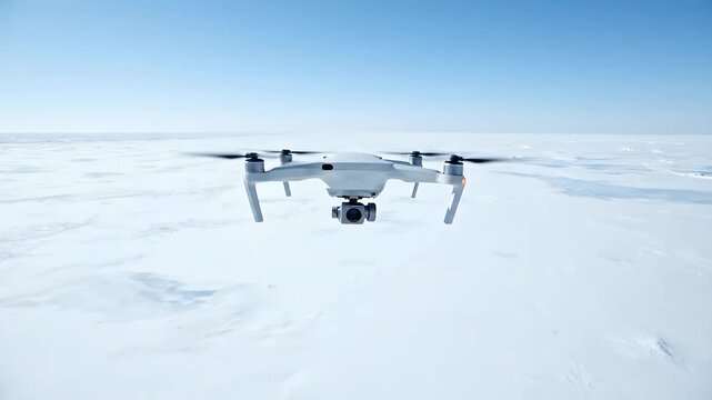 A smooth, high-speed 4K tracking shot follows a generic white drone as it flies over a vast ice sheet, symbolizing modern surveillance, research, and exploration in the Arctic.