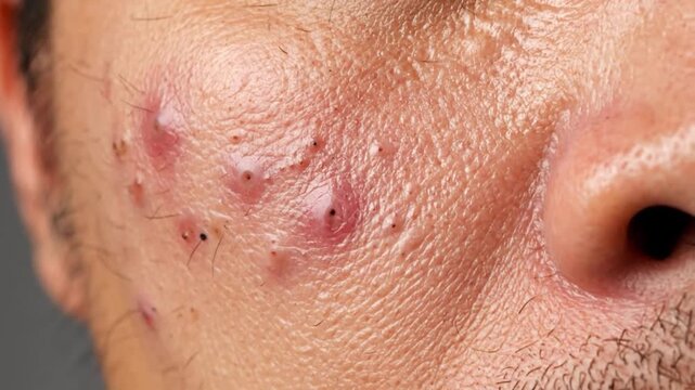 Close-up of inflamed skin with pustules and blackheads