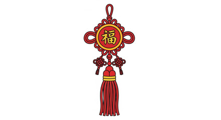 Obraz premium Chinese new year decoration with red tassel and gold character on white background for festive atmosphere