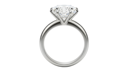 Elegant diamond engagement ring with a large brilliant cut gemstone set in a silver or platinum band for wedding proposals transparent background