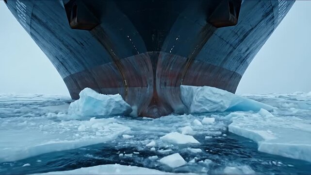A powerful, low-angle 4K shot captures a massive ship hull breaking through thick sea ice, visually implying the cracking sounds and immense power required for Arctic navigation.