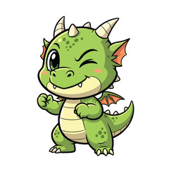 Fototapeta premium Cute Green Dragon Winking Happy Cartoon Character