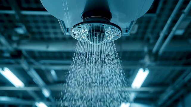 Industrial shower head releasing streams of water inside metal pipe ceiling environment