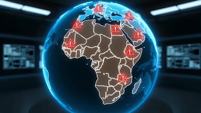 A 4K animation of a 3D holographic globe of Africa, where digital warning icons suddenly appear and pulse over countries as the map shifts from a cool blue to a glowing amber-orange, indicating a cris