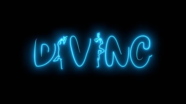 Diving word with silhouette of diver and bubbles. Neon glowing.