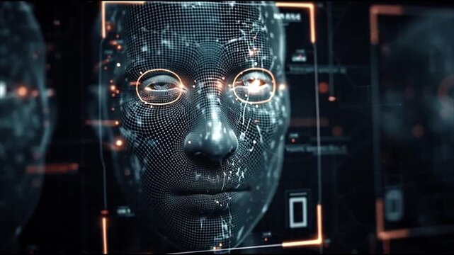 Futuristic digital human face with glowing orange eyes and wireframe mesh technology background desi