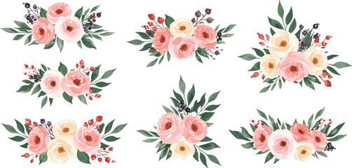 Watercolor floral arrangements in pastel shades on white background