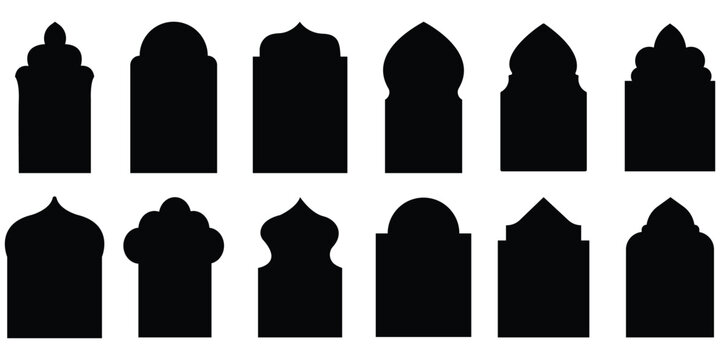 Arabic label frames. Modern islamic mosque dome and lanterns, Arab frame set. Ramadan kareem .traditional ornamental minimalist window. Set of islamic shape illustration design blank islamic shape .