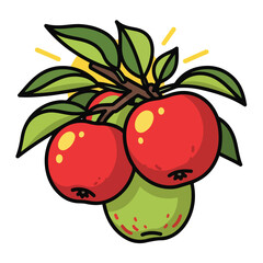 A cartoon illustration of three apples on a tree branch