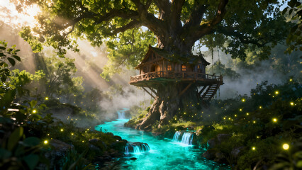 A whimsical wooden treehouse built into a giant ancient oak tree. A glowing, turquoise stream with small waterfalls flowing underneath. 