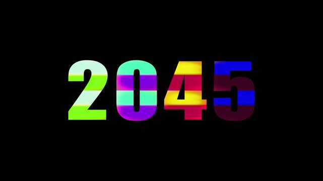 Futuristic neon number 2045 glowing rainbow colored date on black background for tech or calendar concept