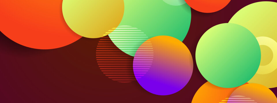Colorful layered circular shapes with subtle shadows and gradients on a dark maroon backdrop
