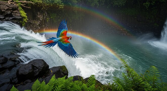 Colorful parrot flying over a waterfall with a rainbow in the background macaw bird