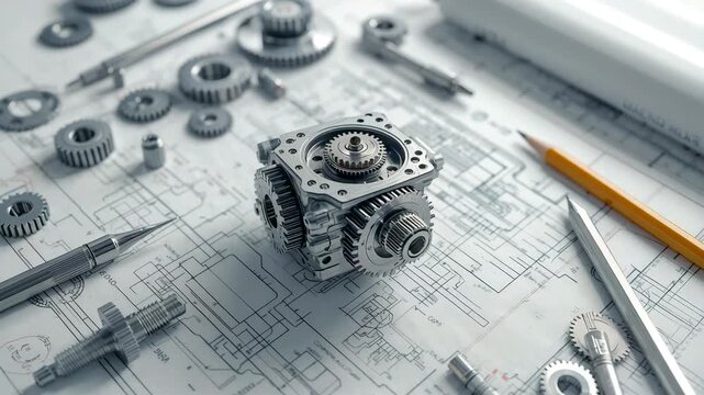Mechanical gears and components arranged on technical blueprint with drafting tools