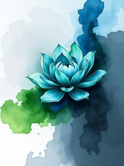 Dark blue and green ink bloom in gray blue watercolor,  paint splash,  blue