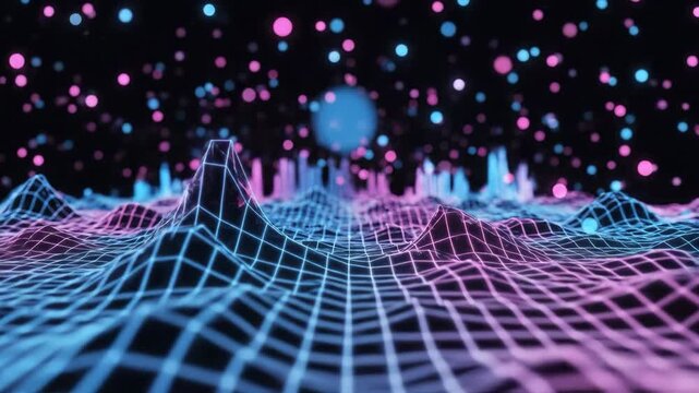 Abstract Neon Grid Landscape with Floating Particles in Blue and Pink Hues Futuristic Digital Art