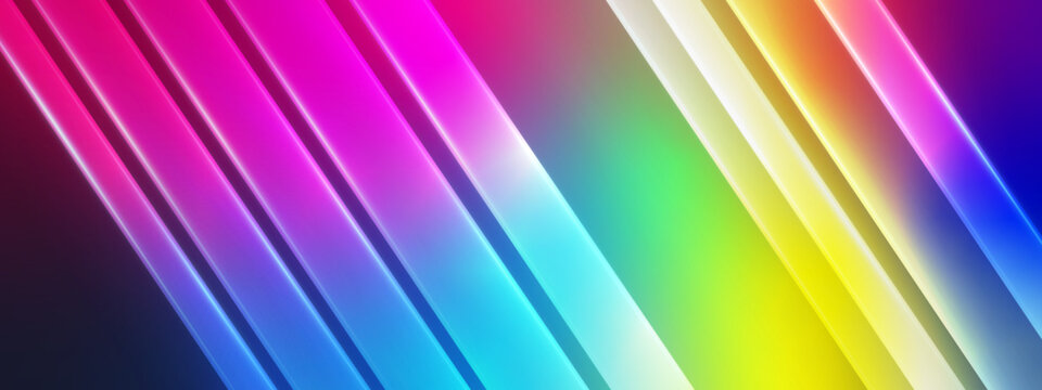 Vibrant neon colored diagonal glass stripes with glowing light effects and motion blur feel
