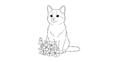A charming puppy sits beside a bouquet of flowers, presenting a sweet scene in a line art illustration.