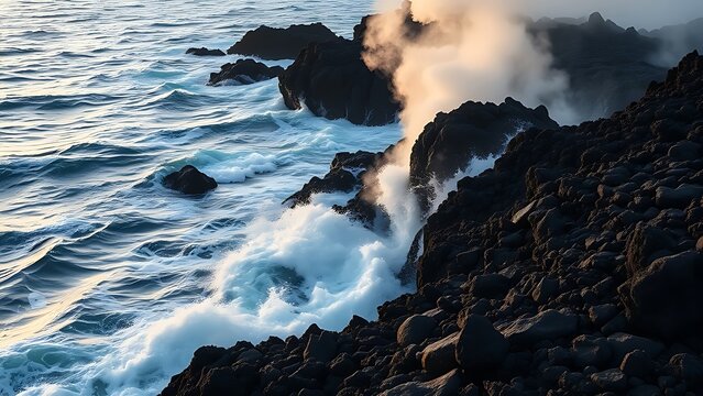 meson. Lava meeting ocean, forming black volcanic rock with rising steam at sunset. inspiring travel planning, travel magazines, designed for travel destination branding, used by nutritionists.