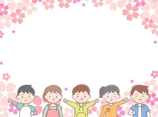 桜と私服の子供たちのフレーム　笑顔　