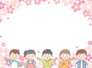 桜と私服の子供たちのフレーム　笑顔　