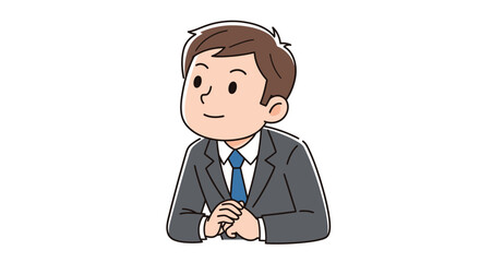 Attentive businessman sitting with hands clasped, listening in a professional colored illustration.