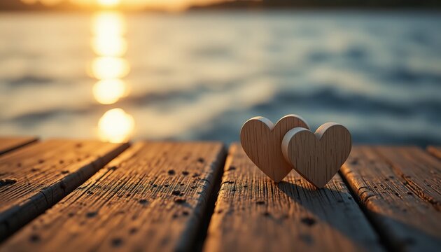 Wooden hearts sit on a pier at sunset. Golden light reflects on the water, creating a romantic and tranquil atmosphere.