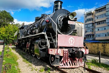 A steam locomotive in the Chinese Eastern Railway History and Culture Square in Zhalantun City, Hulunbuir, Inner Mongolia Autonomous Region, China.