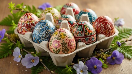 Colorful decorated easter eggs in carton