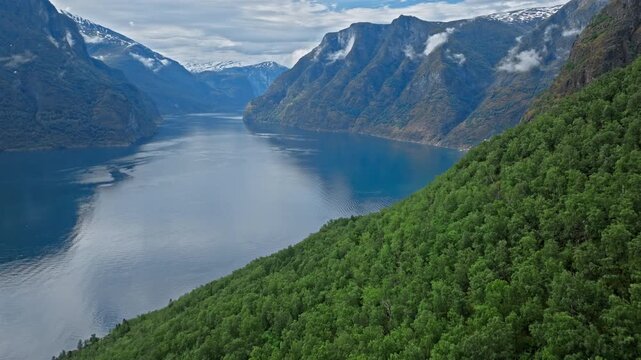 Drone view across Aurlandsfjord from high above Stegastein, Norway. Fjord stretches between forested hills and towering cliffs under soft daylight.