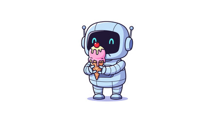 Fototapeta premium Cute robot character enjoying a strawberry ice cream cone, in a cheerful vector illustration.