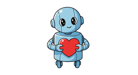 Fototapeta premium Friendly blue robot character holding a vibrant red heart, in a charming vector illustration.