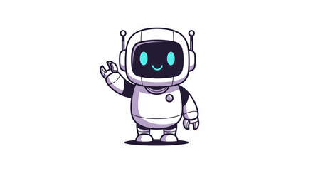 Fototapeta premium Friendly white robot character waving its hand and smiling, in a welcoming vector illustration.