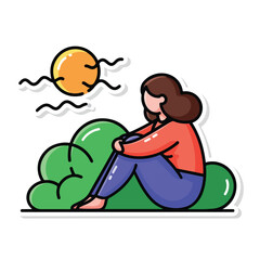 Fototapeta premium A cartoon woman sitting on a green hill under a smiling sun