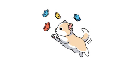 Kitten character jumping, chasing colorful butterflies illustration.