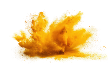 Bright yellow powder explosion isolated on transparent background. Explosion of yellow powder with fine dust particles isolated on white background.