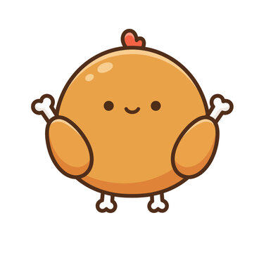 Cute round fried chicken character with a smiling face and drumstick wings in kawaii style.
