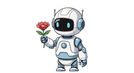 Red flower gently held by a friendly white robot character, symbolizing a thoughtful gift, in a vector illustration.