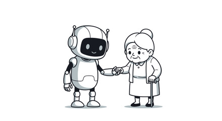 Robot character assisting an elderly woman with a cane, shown in a supportive line art illustration.