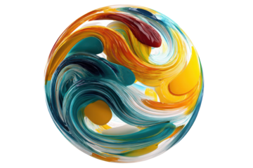 Colorful abstract swirling sphere shape isolated on transparent background. Colorful abstract liquid swirls forming a dynamic spherical shape isolated on white background.