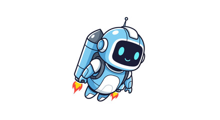 Robot character flying with a jetpack, depicted in a dynamic colorful illustration.