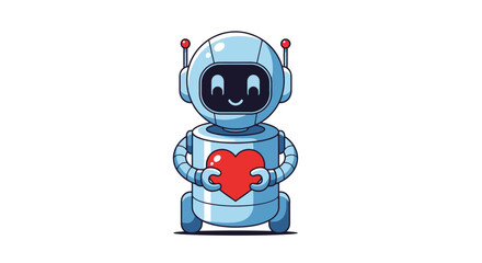 Obraz premium Robot character holding a red heart, depicted in a colorful illustration.