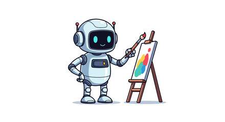 Robot character painting on an easel with a paintbrush, colorful illustration.