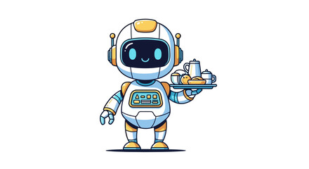 Robot character serving breakfast on a tray, presented in a helpful vector illustration.