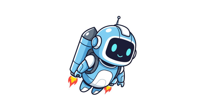 Robot character flying with a jetpack, depicted in a dynamic colorful illustration.