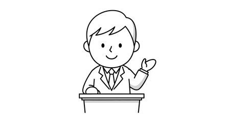 Smiling businessman behind a desk, gesturing with an open hand in a monochrome line art illustration.