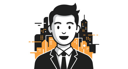 Smiling businessman character with abstract city skyline integrated in a modern flat illustration.